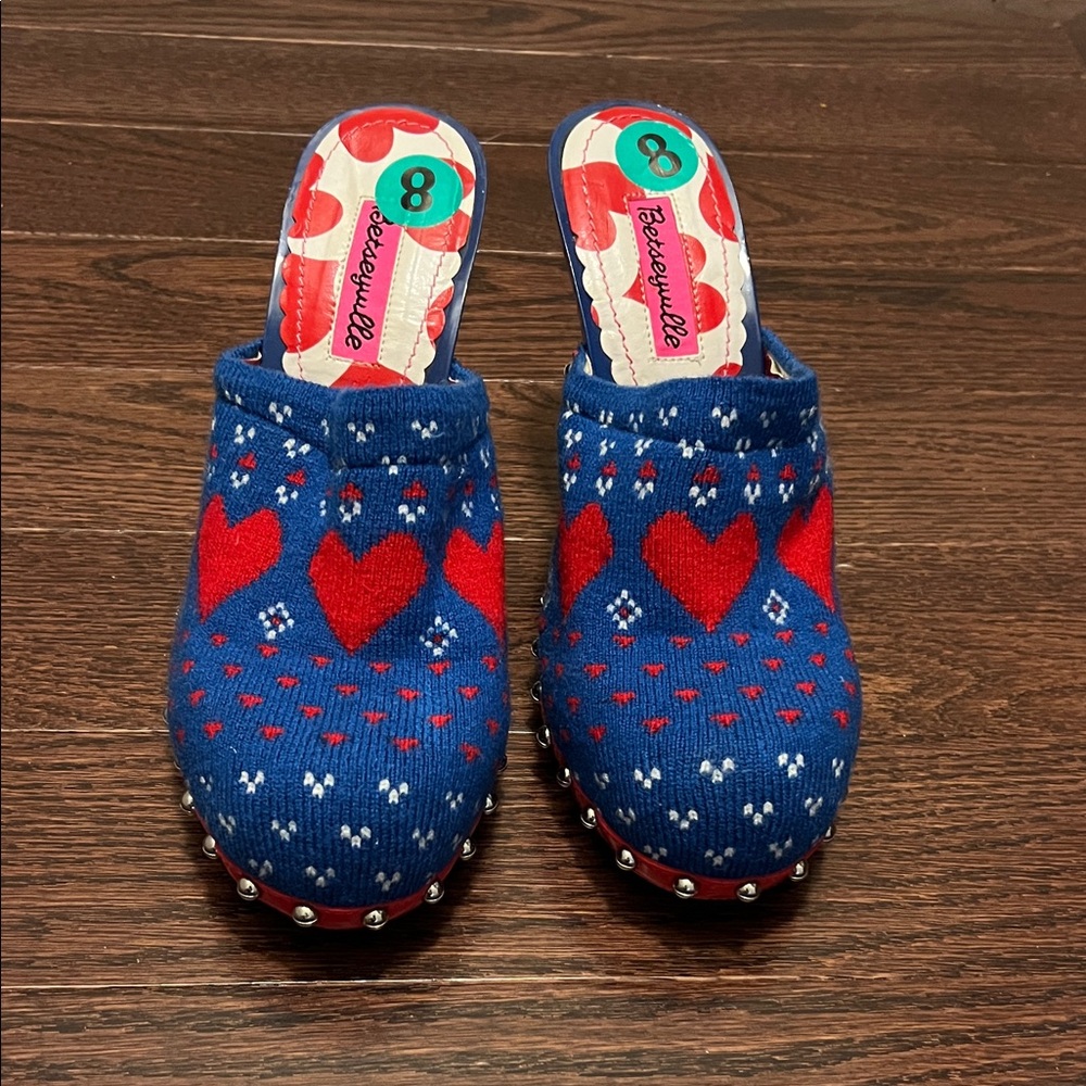 Betsey Johnson Blue and Red Heart Mules